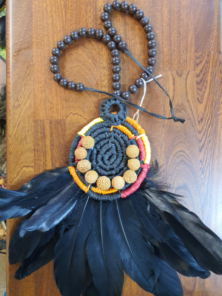Woven Necklace with Black Feathers and Quandong Seeds - Woven Art - Fiona Martich