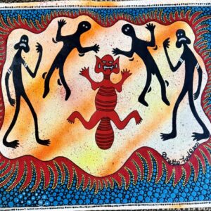 Quinkans with Blue Dot Boarder - Painting - Doretta Ford