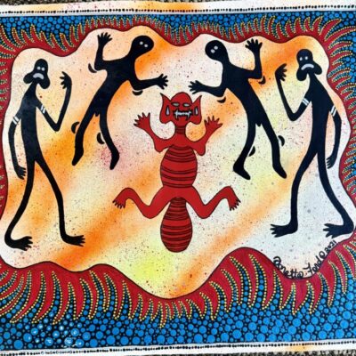 Quinkans with Blue Dot Boarder - Painting - Doretta Ford