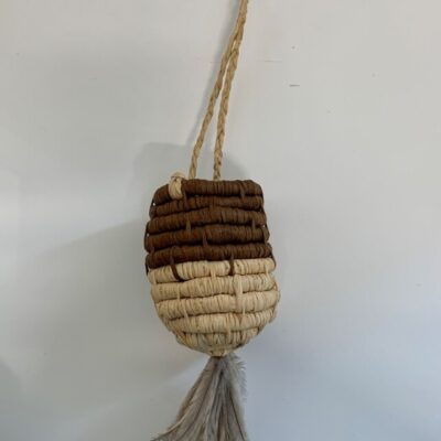 medium Brown and Fawn dilly bag with feathers - Woven Art - Fiona Martich