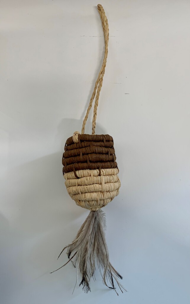 medium Brown and Fawn dilly bag with feathers - Woven Art - Fiona Martich