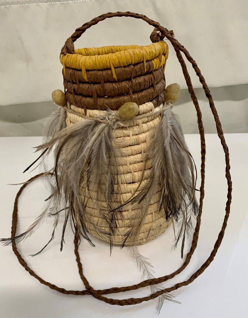 woven basket mustard,brown bees wax and emu feathers - Woven Art - Fiona Martich